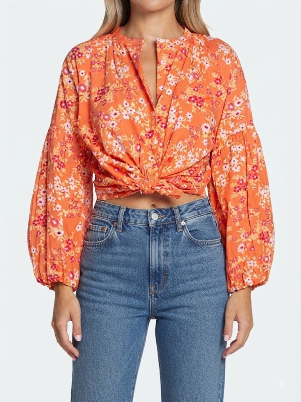 Olivia James The Label Emory Floral Puff Sleeve Blouse Orange Pink Small